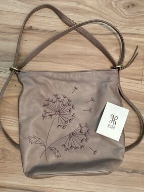Hobo Women's Taupe Leather Convertible Backpack Bag with Dandelion Design